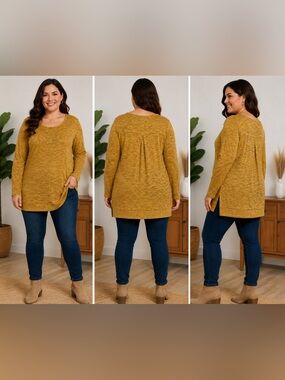 COIN 1804 Mustard Marled Knit Tunic Sweater Top 3X Plus Size Long Sleeve Stretch